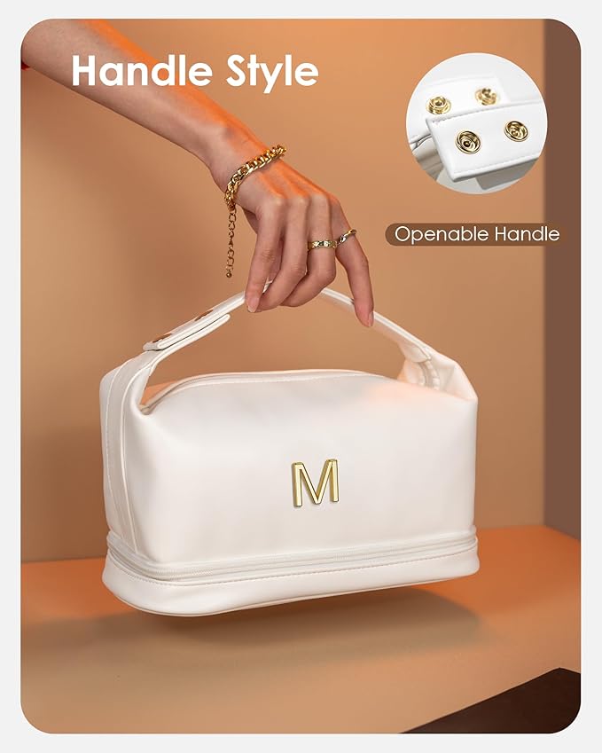Girlfriend Gifts, Personalized Makeup Bag with Handle, Initial Double Layer Cosmetic Bag with Makeup Brush Organizer, PU Leather Travel Toiletry Bag Gifts for Women Her Friend Sister Mom Gift