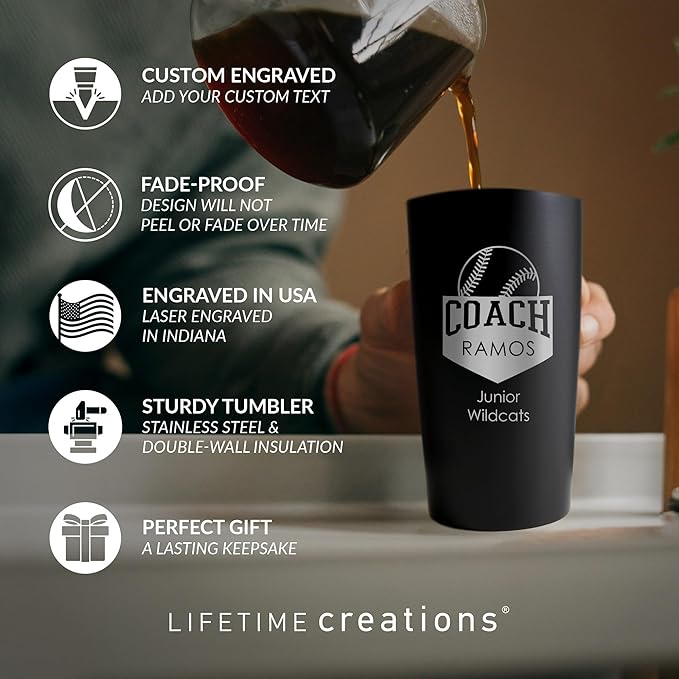 Lifetime Creations Custom Baseball Coach Tumbler - Baseball Coach Gifts for Men, Best Coach, Thank You Coaches, Baseball Senior Night Gifts (Matte Black 20 Ounce Cup)
