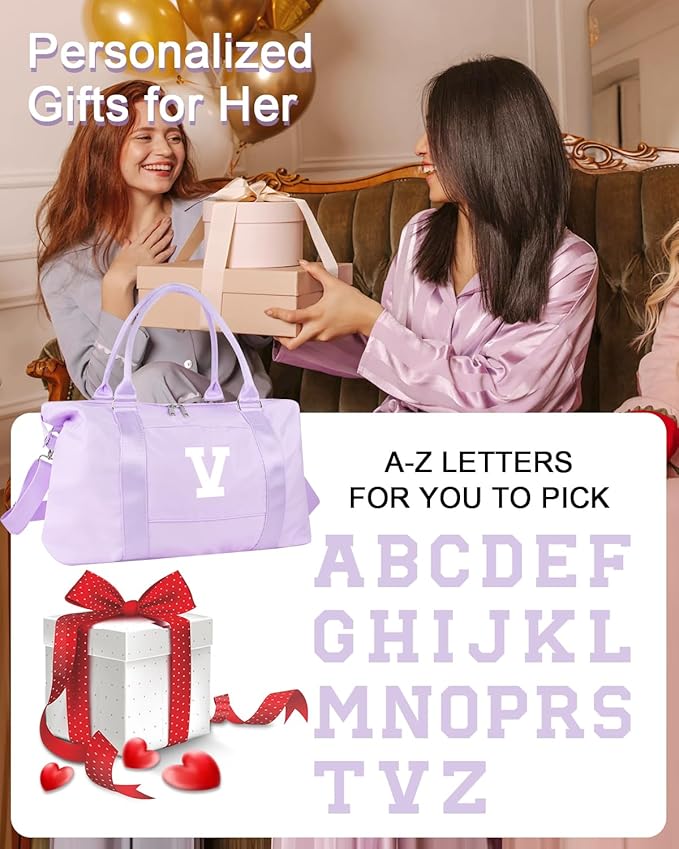 Daughter Niece Gifts for Teen Girl Kids, Initial Travel Duffel Bag Sports Gym Bag Personalized Gifts Weekender Bag，Monogram Overnight Bag Cute Dance Bag Birthday Bridesmaid Gifts for Women(Purple, V)