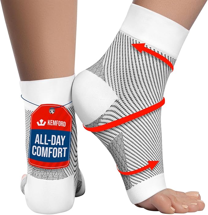 KEMFORD Ankle Compression Sleeve - Plantar Fasciitis Braces - Open Toe Compression Socks for Swelling, Sprain, Neuropathy, Foot Arch Support for Men and Women - 20-30mmhg, M, White and Black