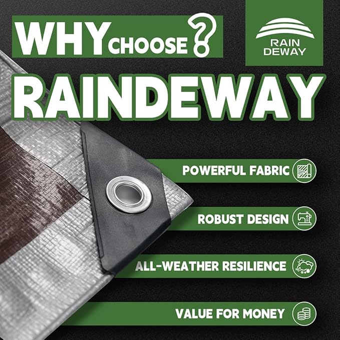 RAINDEWAY Tarps Heavy Duty Waterproof 8x12 Feet, 10Mil Multipurpose Poly Tarp Cover with Metal Grommets Camping Tarpaulin, Silver/Brown Tarp Finished Size