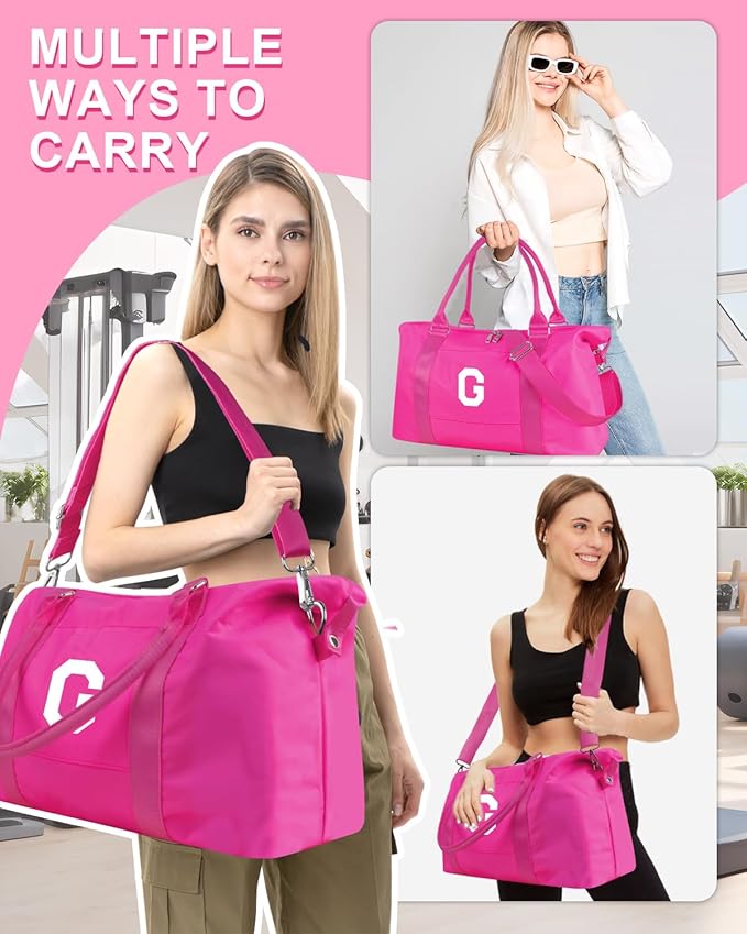 Overnight Bag for Kids Teen Girls Weekender Dance Bag Birthday Graduation Gifts,Initial Travel Duffel Bag Sports Gym Bag Personalized Weekender Bag Carry On Bags Preppy Gifts for Women(Hot Pink, G)