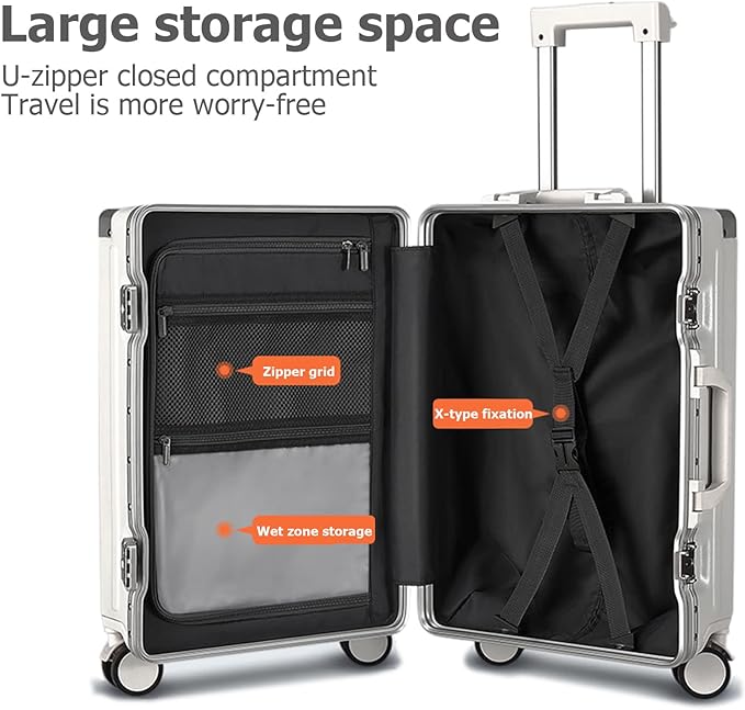 feilario 24in Aluminium Frame PC Hard Shell Spinner Wheels Luggage, Built-In TSA lock Carry on Suitcase, with Cup Holder, USB Port, Phone Holder