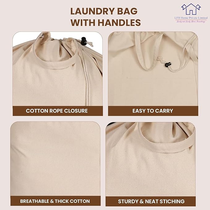 LFH Home Large Premium 100% Cotton Canvas Laundry Bag with Drawstring and Handles Heavy Duty, Multi-Use, and Washable for Home, Travel, College or Storage 28x36 (Pack of 4)-Natural