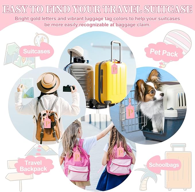 Personalized Initial Luggage Tags for Suitcase, Pink Leather Cute Luggage Tags with Privacy Cover Name Card, Embroidered Custom Monogrammed Luggage Tag Travel Bag Baggage Tags Gifts for Women Kids(P)