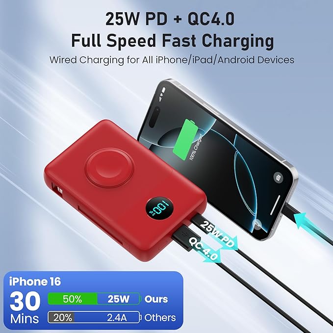 Magnetic Portable Charger for iPhone with Built-in Cables, 6-in-1 10800mAh Power Bank with iWatch Charger & LCD Display,25W Fast Charging Battery Pack for iPhone 16/15/14/13/12,Apple Watch (Red)