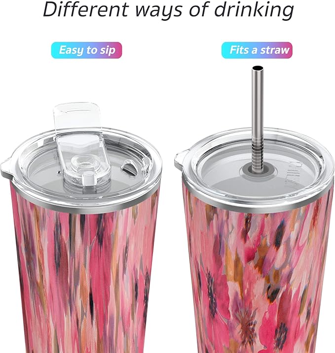 THILY Vacuum Insulated Stainless Steel Tumbler Travel Mug 26 oz Coffee Cup with 2 Lids and Straws, Splash Proof, Reusable, Keep Iced Drinks Cold, Watercolor Flower