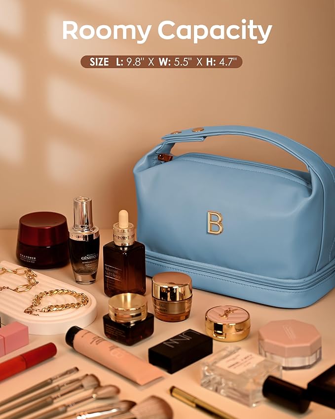 Trendy Gifts for Women, Personalized Makeup Bag with Handle, Initial Double Layer Cosmetic Bag with Makeup Brush Organizer, Customized Gifts for Woman, Gifts for 20 Year Old Female