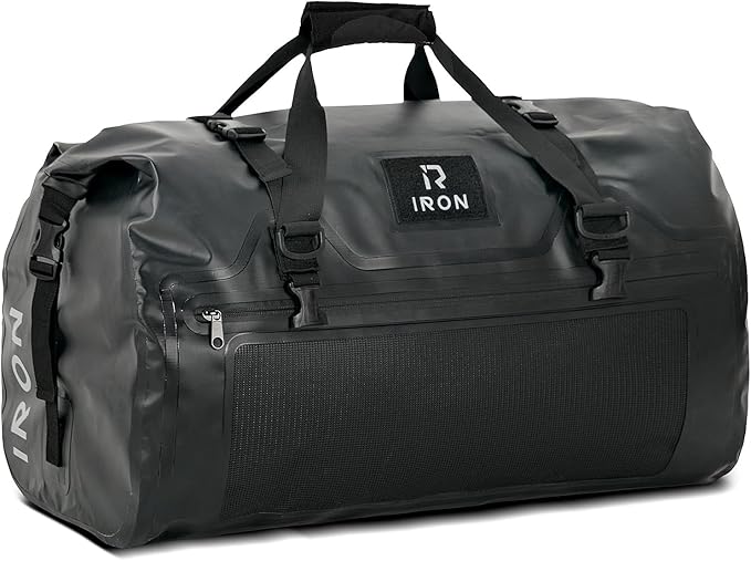 IRON JIA'S Motorcycle Dry Bag - Waterproof Duffle & Luggage Tail Bag Saddle Bags with Roll Top Closure, Shoulder Straps, Inner Pocket and Mesh Pocket (Black, 70L)