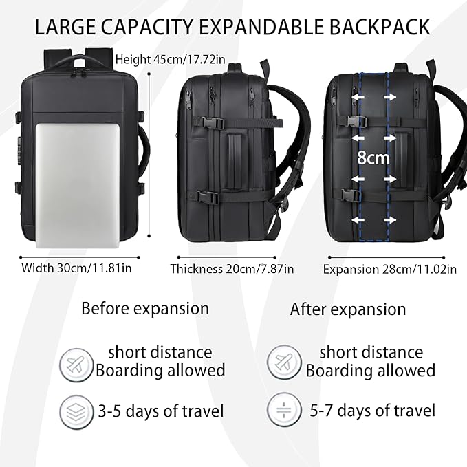 Vacuum-sealed travel computer backpack, Water-Resistant, With vacuum pump, Multiple Compartments, Anti-theft combination lock (Black)