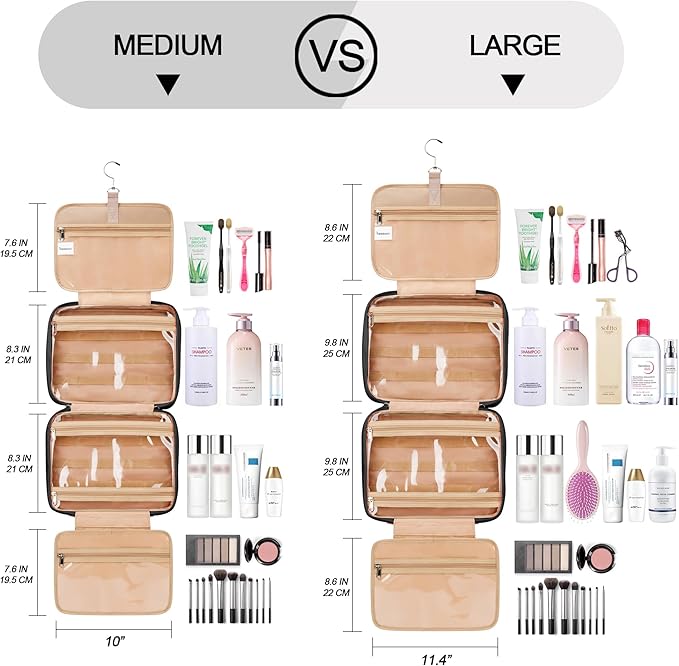 Travel Hanging Toiletry Bag for Women, Holds Full-Size Shampoo, with Jewelry Organizer Compartment, Extra Large Makeup Bag, Waterproof Cosmetic Bag, Toiletries Kit Set with Trolley Belt, Black