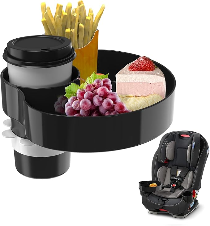 Kids Car Seat Tray, Travel Tray with Cup Holder for Toddler Baby, Kids Car Seat Food Snack Organizer for Road Trip, Stroller snack Organizer Travel Must Haves Toddler Must Haves (Black)