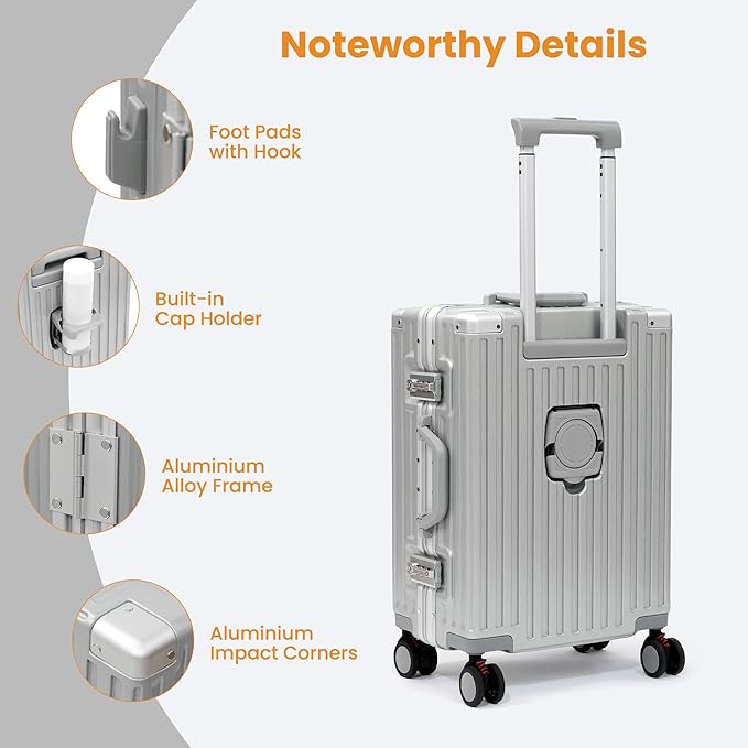 Carry On Luggage 22x14x9 Airline Approved, Zipperless Luggage Carry On, Hard Shell Suitcases with TSA Lock, Lightweight Carry On Suitcases with Aluminum Frame (silver, 20inch)