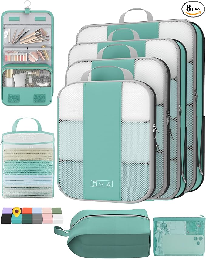 8 Set Compression Packing Cubes for Travel Essentials,Compressible Expandable Packing Cubes for Suitcase,OlarHike Luggage Organizer Bags for Travel,Handy Helper for Organizing Clothes(New Blue Green)