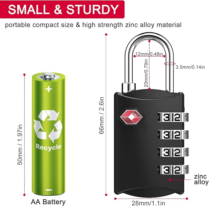 ZHEGE Luggage Lock, TSA Approved Travel Lock, 4 Digit Combination Padlock with Flexible Cable (30 Inch) for Suitcase, Backpack, Cabinet, Drawer (1 Pack, Black)