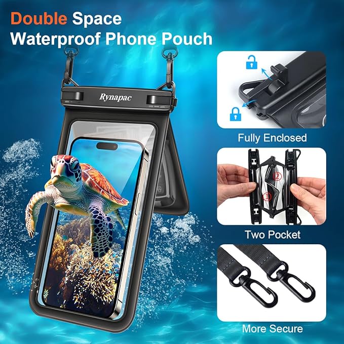 Double Space Waterproof Phone Pouch, 2 Pack Waterproof Phone Case with Lanyard for iPhone 16 15 14 Pro Max up to 8.5’’, Cellphone Dry Bag for Beach Vacation Travel Cruise Essentials