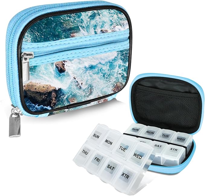 Serfeymi Weekly Travel Pill Organizer Pill Case for Purse with Removable 7 Day Pill Box, Fashionable Travel Medicine Organizer Pill Container for Medicine, Vitamin, Supplement - Blue 03 + Pill Box