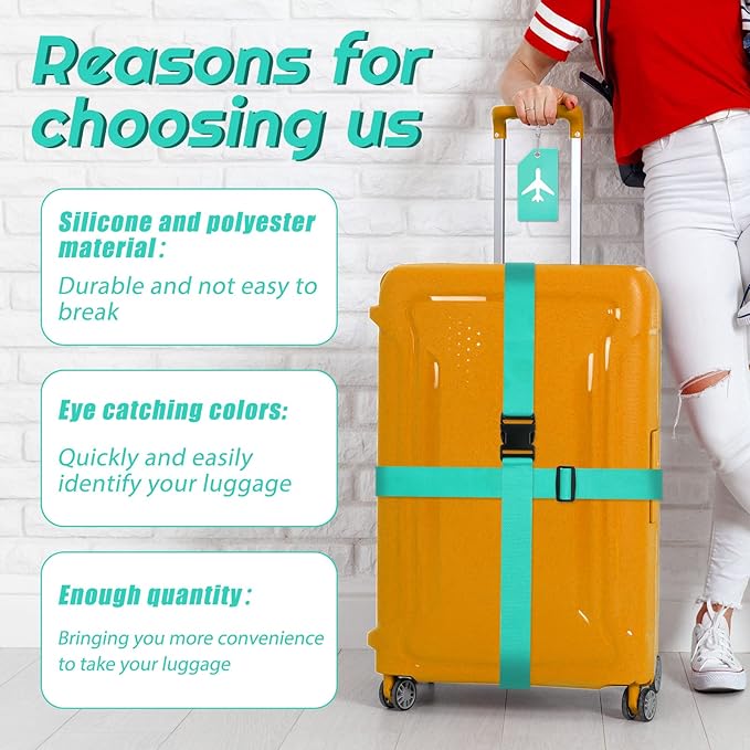 Weewooday 8 Pcs Luggage Straps Suitcase Tags Set for TSA Approved, 4 Travel Adjustable Suitcase Belt, 4 Silicone Luggage Tags with Name ID Card Travel Accessories(Turquoise,Airplane)