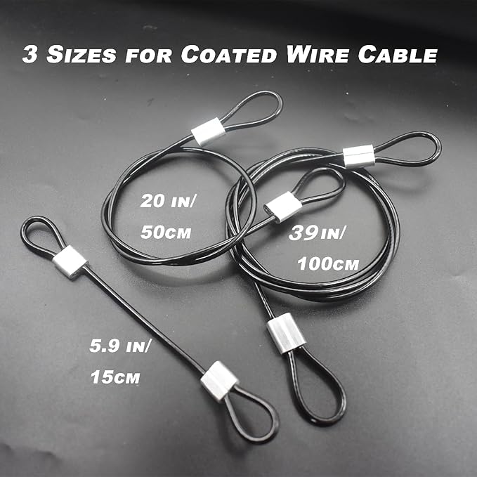 20 pcs 6 inch (15cm) 3mm Thickness Stainless Steel Wire Cable with Loops Vinyl Cover Coated Short Rope Lanyard Lock Safety Tether Chains, Black