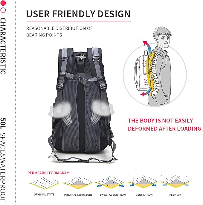 Bseash 50L Hiking Backpack, Water Resistant Lightweight Outdoor Sport Daypack Travel Bag for Camping Climbing Skiing Cycling (Navy Blue - With Shoe Compartment)