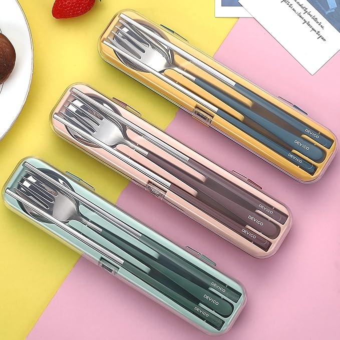 DEVICO Portable Utensils, Travel Reusable Silverware Flatware Set for Lunch, 18/8 Stainless Steel 4-Piece Camping Cutlery Include Fork Spoon Chopsticks with Case (Brown)