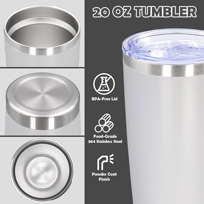 20oz Tumbler Stainless Steel Tumbler Cup with Lid Vacuum Insulated Double Wall Travel Mug, Durable Powder Coated Travel Coffee Tumbler Mug for Hot & Cold Drinks, White,1 Pack