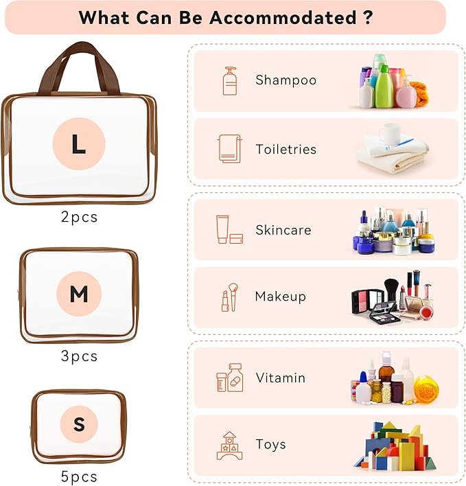 TISRATOK 10 PCS Clear Travel Makeup Toiletry Bag, Plastic PVC Cosmetic TSA Approved Organizer Kit with Zipper Handbag（Coffee）