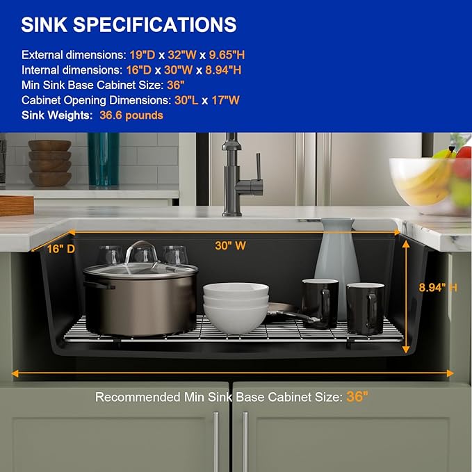 Dcolora 32 inches Granite Composite Kitchen Sink Workstation Black Undermount Single Bowl Large Kitchen Sink 32"W x 19"D x 10"H, DC-GU7741