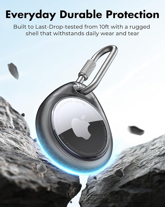 UNBREAKcable AirTag Holder for Apple - 4 Pack Air Tag Case [Professional Carabiner] [Waterproof] [Shockproof] TPU AirTag Keychain for Kids, Pets, Keys, Luggage, Backpacks