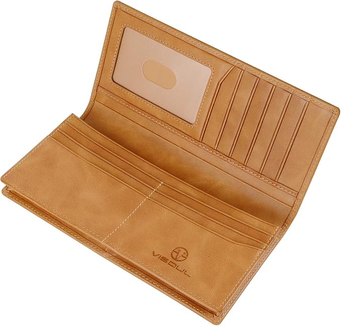 VISOUL Mens Leather Long Checkbook Bifold Wallets with RFID Blocking, Breast Pocket Tall Billfold Secretary Wallet for Men with Card Slots (Tan)