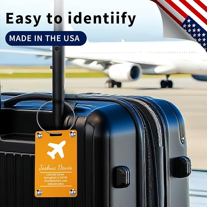 6 Pack Personalized Luggage Tags for Suitcases, Handmade Engraved Stainless Steel Custom Luggage Tags for Cruise Travel with Stainless Loop, Suitcase Identifier Metal Name Baggage Tag