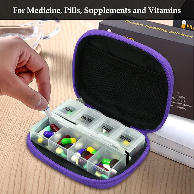 Serfeymi Weekly Travel Pill Organizer Case for Purse with Removable 7 Day Box, Fashionable Pill Container for Medicine, Vitamin, Supplement - Purple 01