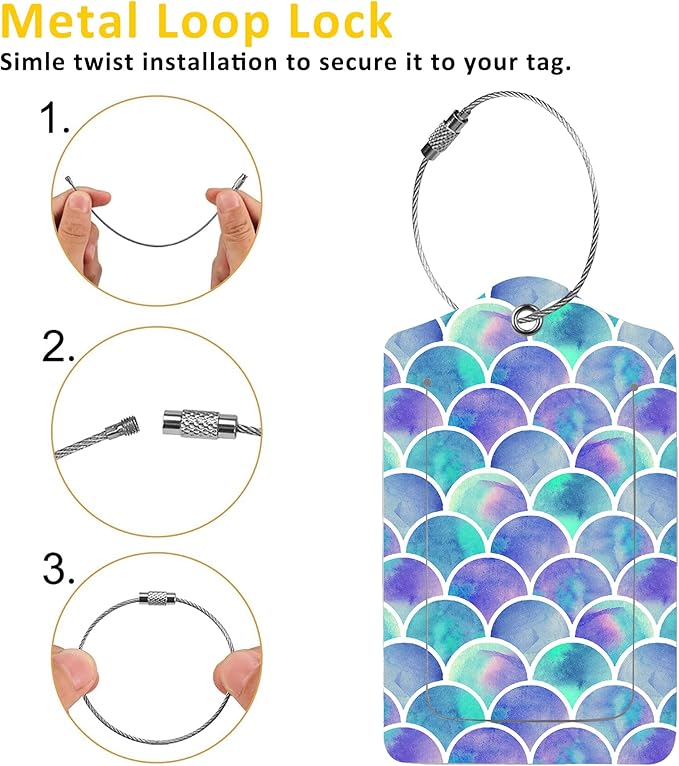 2 Pack Mermaid Scales Luggage Tags for Suitcases,Watercolor Fish Scales Leather Baggage Suitcases Tag Name ID Label Privacy Cover Travel Bag Tags for Women Men Boys Girls