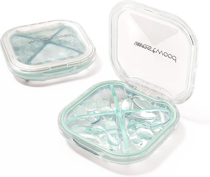 1 Pack Small Green Pill Organizer, 4 Compartments, Compact Stylish Cute Travel Camping Pill Box Daily Medicine Pill Case, Portable and Moistureproof to Store Vitamins, Medication and Supplements