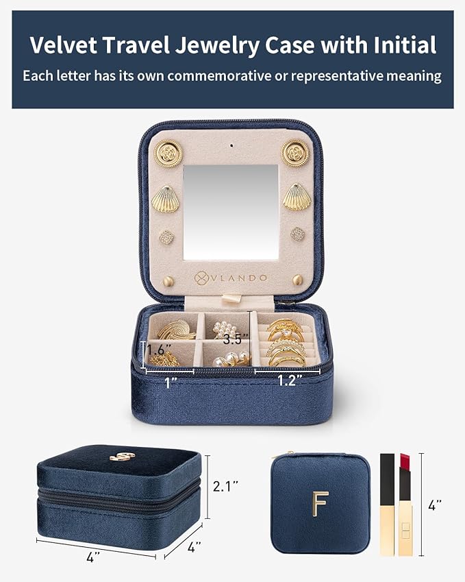 Vlando Jewelry Box for Aunt Gifts from Niece Nephew, Birthday Gifts for Aunt Auntie, Unique Gifts for Aunt Auntie Travel Jewelry Case, Auntie Gifts for Wedding Anniversary - Letter F, Dark Blue