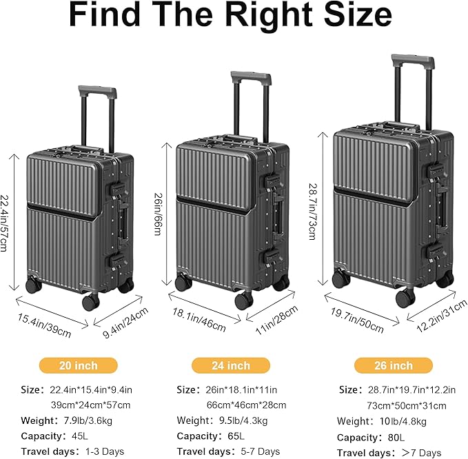 Zipperless Luggage, 22x14x9 Aviation Certified, Polycarbonate Aluminum Hardshell, Expandable Carry-On Luggage with Spinner Wheels, Hardshell Luggage, 20 Inch Cabin