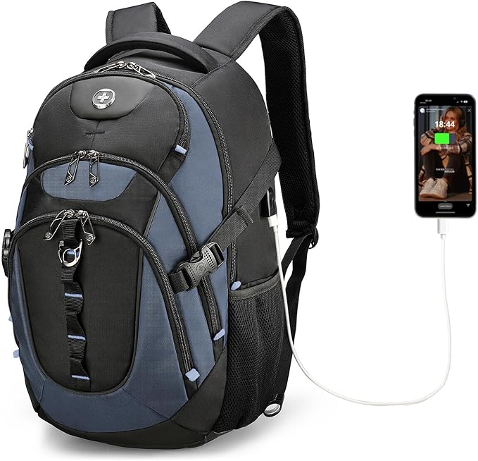 Swissdigital Design Laptop Backpack with USB Charging Port, TSA Travel Backpack Fits 15.6 inches Computer, 31L College School Backpack for Men, Haze Blue/Black | SD803