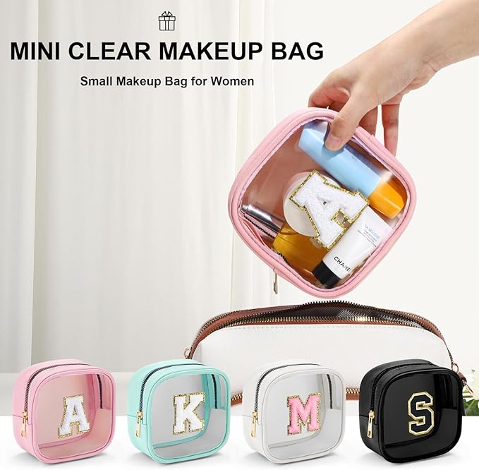 YOOLIFE Initial Make Up Bag Travel Toiletry Bag, Clear Makeup Bag Preppy Cosmetic Bags Organizer Travel Essentials Gifts for Women Teen Girlfriend Teacher Mom Birthday Mothers Day Gifts White I