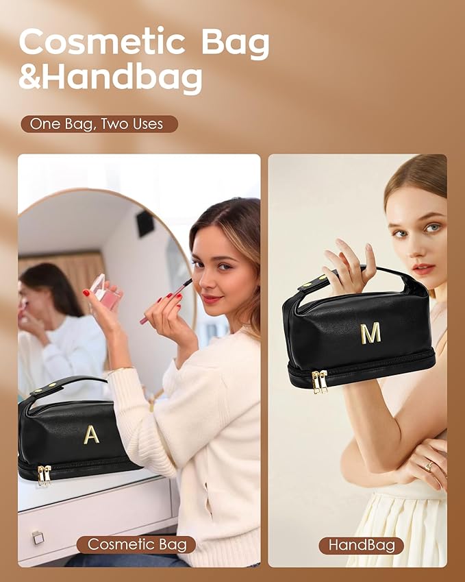 Initial Makeup Bag Personalized Bags with Handle, Waterproof Double Layer Cosmetic Bag, Large Capacity PU Leather Makeup Bags Letter Travel Toiletry Bag with Makeup Brush Organizer