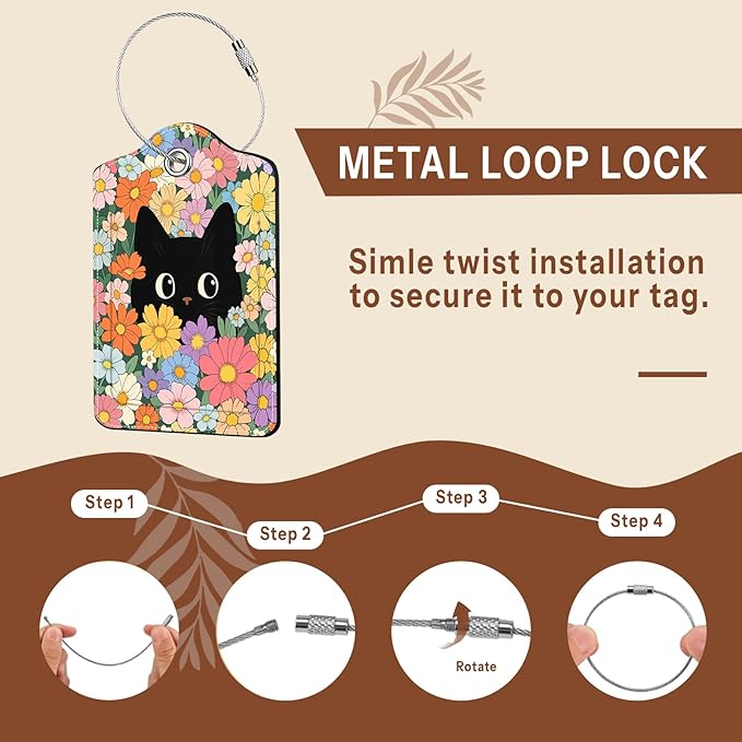 2 Pcs Colorful Cat Luggage Tags for Suitcase, Leather Luggage Tags Cute, Privacy Cover ID Label with Stainless Steel Loop & Address Card, Black Cat Travel Bag Tag Luggage Accessories for Suitcases