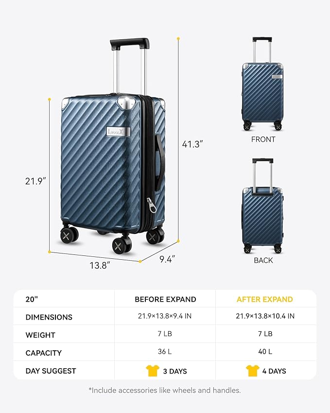 LUGGEX Luggage with Spinner Wheels, Polycarbonate Expandable Hard Shell Suitcase, Carry On 20 Inch, Beige