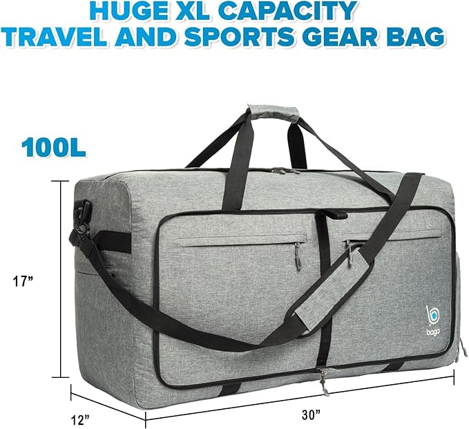 Bago Large Foldable Duffel Bags for Traveling Women & Men - 100L Packable Duffle Bag for Travel with Shoe Compartment - Water Repellant, Heavy Duty, Lightweight Folding & Collapsible (SnowGray)