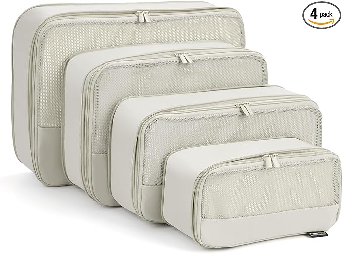 4 Piece Compression Packing Cubes for Suitcases and Backpack, Lightweight Travel Organizers (Off-White)