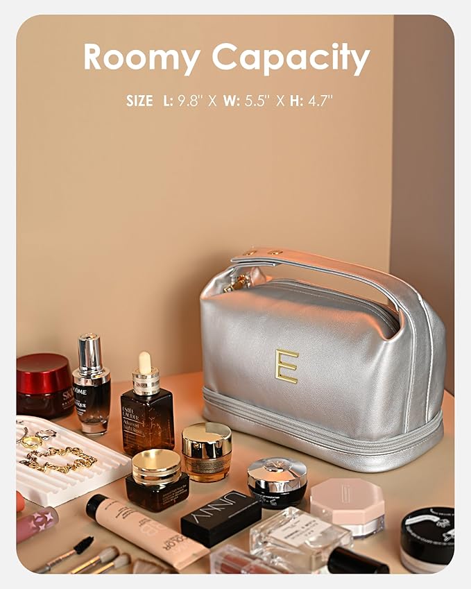 Gifts for Women, Personalized Makeup Bag Organizer with Handle, Initial Double Layer Cosmetic Bag with Makeup Brush Organizer, Cute Cosmetic Pouch for Women, Gifts for College Girls