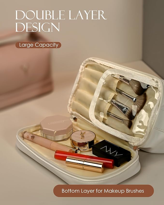 Birthday Gifts for 11 12 13 14 15 16 17 18 Year Old Girls Gifts, Travel Makeup Bag with Handle, Initial Double Layer Cosmetic Bag with Makeup Brush Organizer, Cute Cosmetic Pouch for Women