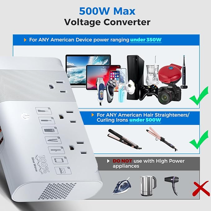 [Game-Changer] DOACE 500W Max 220V to 110V Converter, 50Hz to 60Hz Voltage Converter for European Travel, 100% Pure Sine Wave Power Converter US to Europe for CPAP Hair Straightener Laptop Cell Phone