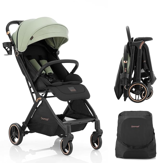 Gravity Folding Baby Stroller - Portable Travel Toddler Stroller w/Adjustable Backrest & Canopy, Lightweight and UV Protected, One-Hand Automatic Folding - Green
