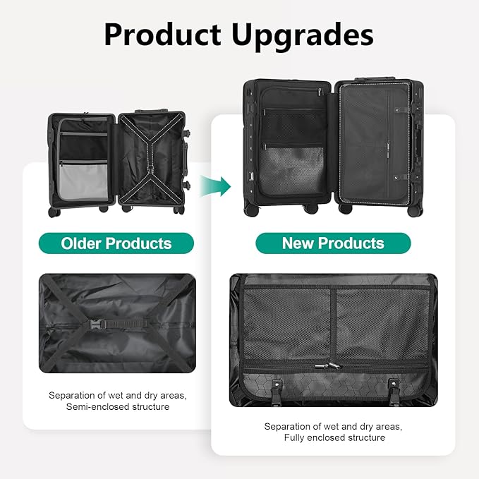 Hard Shell Luggage 20 Inch Travel Luggage, 22x14x9 Airline Approved with TSA Lock, ABS Aluminum Frame, Lightweight Travel Luggage 20'' 24'' 26'' Carry-On (Upgraded Black, 20 Inch)