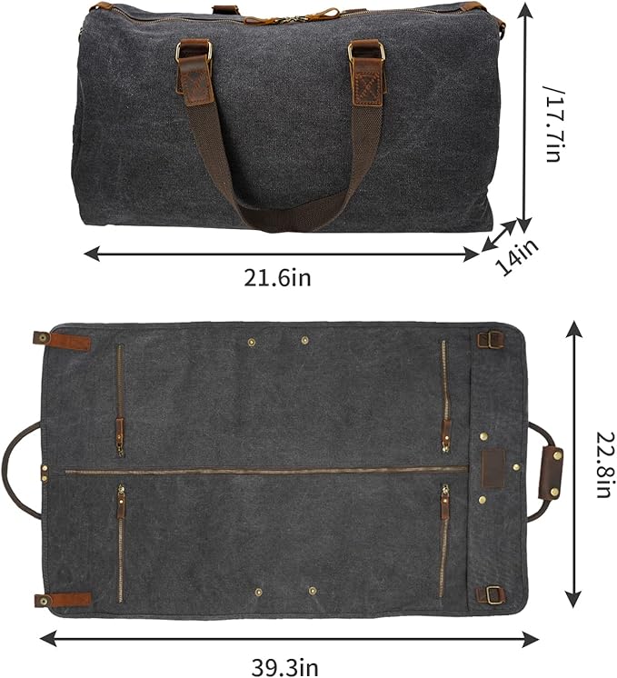 2 in 1 Canvas Leather Suit Luggage Garment Bag with Shoulder Strap for Travel and Business Trips (Black)