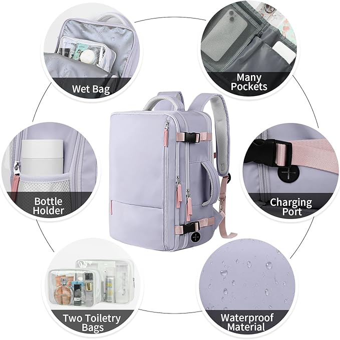 Hanples Large Travel Backpack for Women as Person Item Flight Approved, Waterproof 35L Carry On Backpack, 17 Inch Laptop Backpack for Business Bag with 2 Toiletry Bags (Gray Purple)